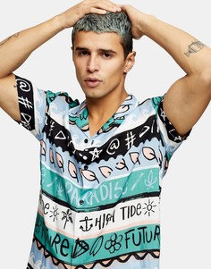 Голубая рубашка с абстрактным принтом Topman-Многоцветный