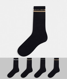 Набор из 4 пар черных носков с полосками и логотипом Jack & Jones-Черный цвет