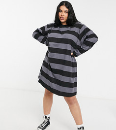 Платье-футболка в стиле oversized с длинными рукавами в черно-серую полоску ASOS DESIGN Curve-Серый