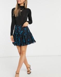 Свободная легкая юбка мини черного цвета с синим цветочным принтом AllSaints Vara-Синий
