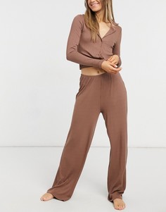 Коричневая пижама в рубчик из рубашки и широких брюк ASOS DESIGN-Коричневый цвет