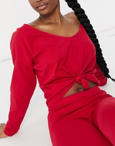 Комбинируемый новогодний пижамный топ с длинными рукавами и узлом спереди из трикотажа красного цвета ASOS DESIGN-Красный