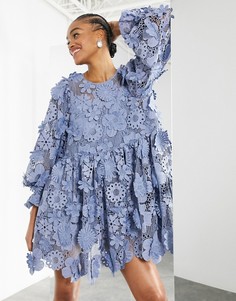 Ярусное платье мини с цветочной 3D вышивкой ASOS EDITION-Голубой
