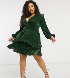 Бархатное платье мини с декоративной отделкой ASOS DESIGN Curve-Зеленый