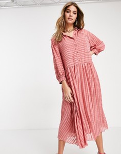 Плиссированное платье-рубашка миди цвета чайной розы на пуговицах и принтом в полоску ASOS DESIGN-Розовый