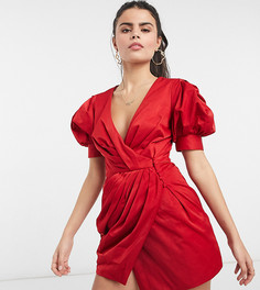 Структурированное драпированное платье мини с запахом и пышными рукавами ASOS DESIGN Petite-Красный