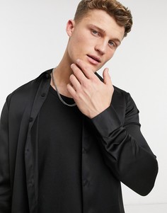Черная атласная рубашка с длинными рукавами New Look-Черный цвет