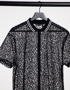 Свободная трикотажная рубашка из сетчатого материала с леопардовым принтом и окантовкой ASOS DESIGN-Черный