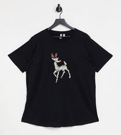 Черная новогодняя футболка со скетчем оленя ASOS DESIGN Curve-Черный цвет