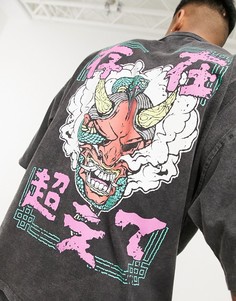 Черная выбеленная oversized-футболка с принтом дракона и текстом на спине ASOS DESIGN-Черный цвет