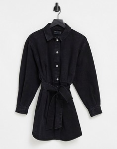 Джинсовое платье-рубашка на ремне в стиле oversized выбеленного черного цвета ASOS DESIGN-Черный цвет