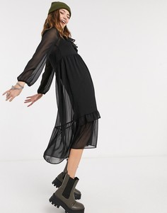 Черное шифоновое платье миди с оборками New Look-Черный