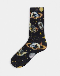 Черные носки с принтом планет и котов Sassa от Monki-Черный цвет