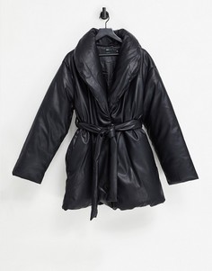 Черная дутая куртка из искусственной кожи с поясом ASOS DESIGN-Черный цвет