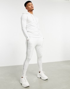 Белый меланжевый спортивный костюм облегающего кроя из органического хлопка с худи и джоггерами с черной контрастной окантовкой ASOS DESIGN