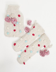 Новогодние грелка и носки светло-бежевого цвета с помпонами ASOS DESIGN-Коричневый цвет