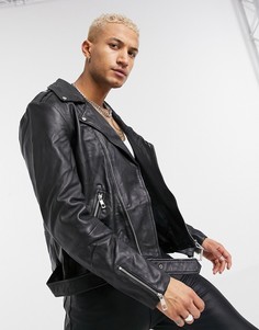 Кожаная байкерская куртка черного цвета с молниями ASOS DESIGN-Черный цвет
