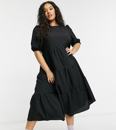 Черное фактурное платье миди с объемными рукавами New Look Curve-Черный цвет