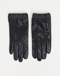 Черные кожаные перчатки с блестящим змеиным принтом и сборками на манжетах ASOS DESIGN-Черный цвет
