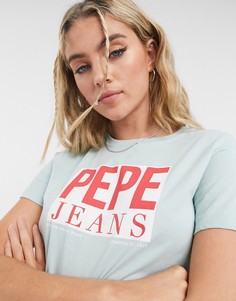 Голубая футболка с фирменным квадратным логотипом красного цвета Pepe Jeans Elodie-Голубой