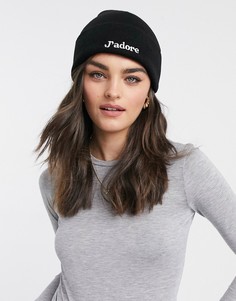 Черная шапка-бини с отворотом и надписью «jadore» ASOS DESIGN-Черный