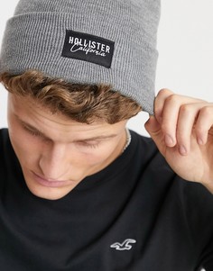 Серая шапка-бини в рубчик с логотипом Hollister-Серый