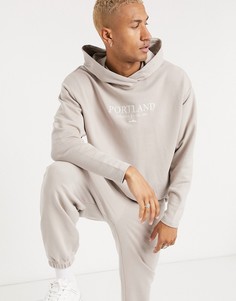 Спортивный костюм oversized с суженными книзу джоггерами и худи с принтом на груди ASOS DESIGN-Бежевый