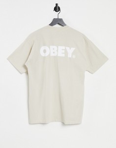 Светло-бежевая футболка из плотного трикотажа с крупным принтом логотипа на спине Obey-Светло-бежевый
