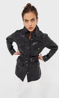 Stradivarius Кожаная Куртка Сафари С Поясом Женская Коллекция Черный L