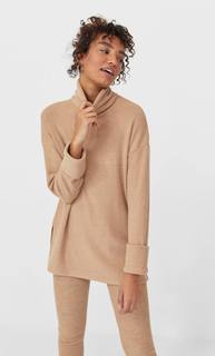Stradivarius Свитер С Высоким Воротником, Из Хлопка С Начесом Женская Коллекция Бежевый Xs