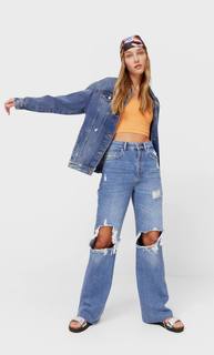 Stradivarius Джинсовая Куртка Объемного Кроя С Разрывами Женская Коллекция Средний Деним L