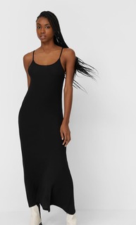 Stradivarius Платье Миди С Американской Проймой Женская Коллекция Черный M
