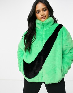 Зеленый худи в стиле оversized из искусственного меха с логотипом-галочкой Nike-Зеленый цвет