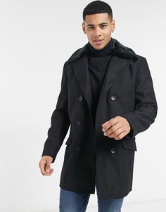 Двубортное пальто с воротником из искусственного меха French Connection-Черный цвет