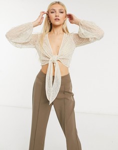 Кремовый топ с запахом и отделкой искусственным жемчугом ASOS DESIGN