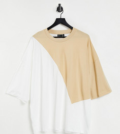 Бежевая oversized-футболка из органического хлопка с рукавами до локтя в стиле колор блок ASOS DESIGN Plus-Бежевый