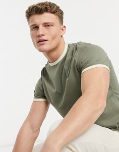 Выбеленная футболка из органического хлопка цвета хаки с окантовкой ASOS DESIGN-Зеленый цвет