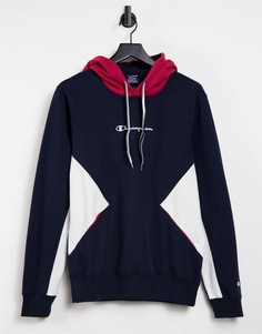 Темно-синий худи со вставками белого цвета и с логотипом-надписью Champion