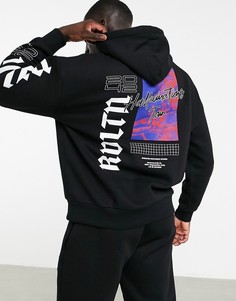 Черный худи в стиле oversized с принтом на спине Topman