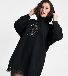 Платье-худи в стиле oversized с рисунком в виде хиромантии на ладони и кружевной отделкой Skinnydip Curve-Черный цвет