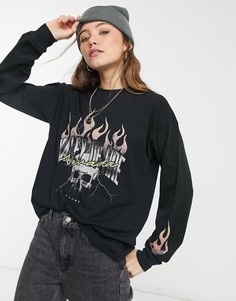 Oversized-лонгслив выбеленного черного цвета с принтом в стиле рок ASOS DESIGN-Черный цвет