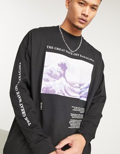 Свободный лонгслив черного цвета из плотного трикотажа с принтом "The Great Wave of Kanagawa" ASOS DESIGN-Черный цвет