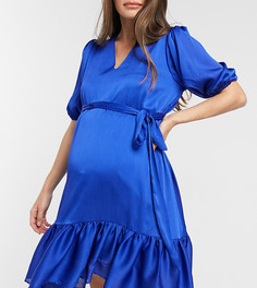 Ярко-синее атласное платье миди с баской Blume Maternity-Голубой