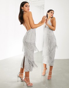 Платье миди с бахромой и глубоким вырезом ASOS EDITION-Серебристый
