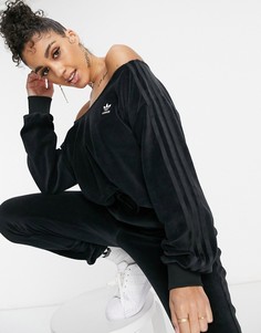 Велюровый свитшот черного цвета с открытыми плечами adidas Originals "Relaxed Risqué"-Черный цвет