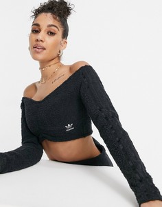 Черный укороченный лонгслив из пушистого трикотажа с оборками adidas Originals "Relaxed Risqué"-Черный цвет