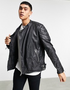 Черная кожаная байкерская куртка со стеганой отделкой ASOS DESIGN-Черный цвет