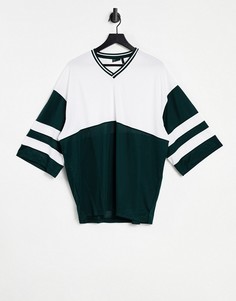 Длинная oversized-футболка в стиле колор-блок с широкими рукавами 3/4 и V-образной контрастной горловиной ASOS DESIGN-Зеленый цвет