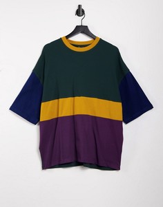 Темно-зеленая oversized-футболка из плотного трикотажа с коротким рукавом в стиле колор-блок ASOS DESIGN-Зеленый цвет