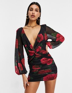 Мини-платье из сетки с глубоким вырезом и принтом с розами ASOS DESIGN-Многоцветный